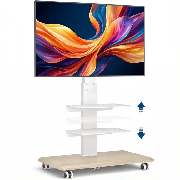 Mobile Rolling TV Stand with 3-Tier Shelves for 40-75 Inch TVs, 6-Level Height Adjustable (52"-58"), ±30° Swivel, VESA 100x100 to 600x400mm, Holds up to 150 lbs, White