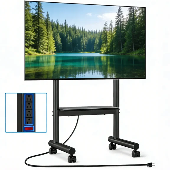 Mobile Rolling TV Stand with Power Outlet for 32-75 Inch TVs, Height Adjustable TV Cart with Storage Shelf, Lockable Wheels, VESA 100x100 to 400x400mm, Holds up to 110 lbs, Black