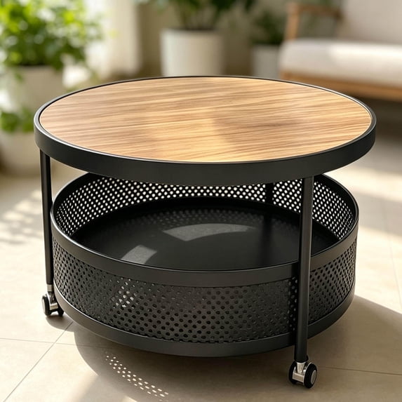 Mobile Round Coffee Table on Wheels, 2 Tier Storage Table for Living ...