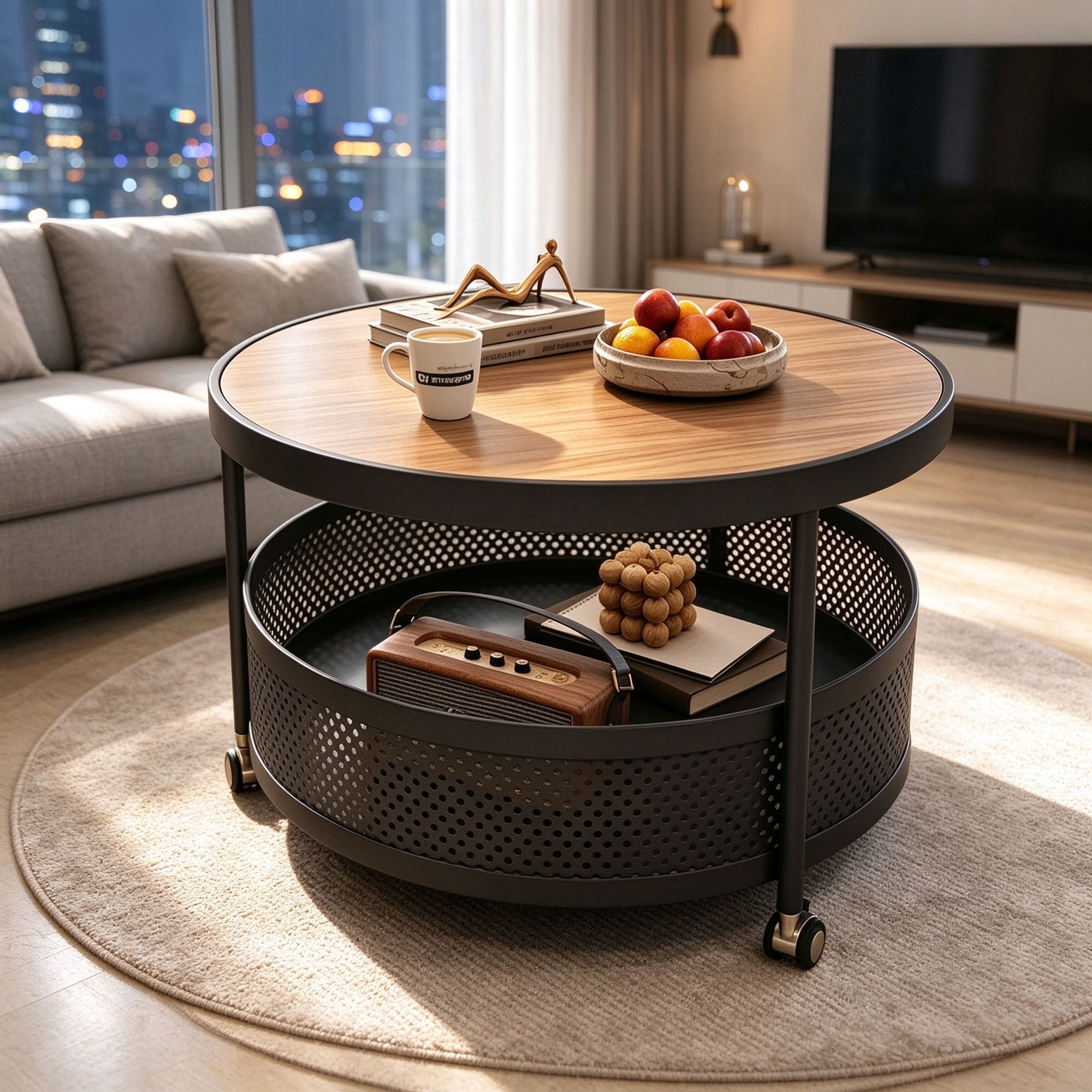 Sentar Table Mobile Round Coffee Table with Wheels, 2-Tier Living Room Center Table ...