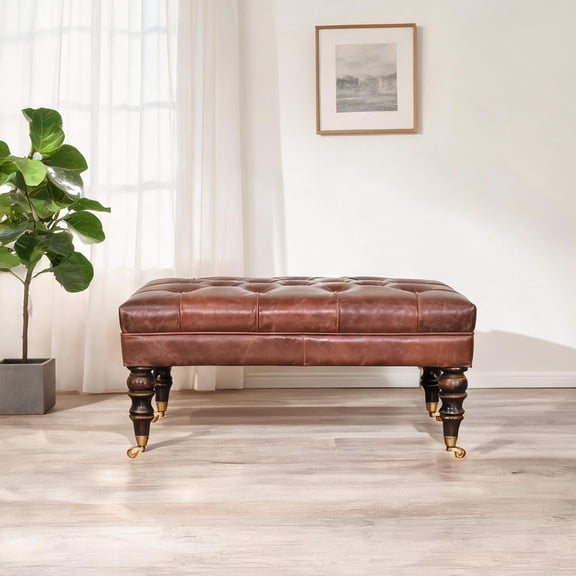Mobile Seating Ottoman, Brown-toned Buffalo Leather Solid Wood for Living Room and Entryway