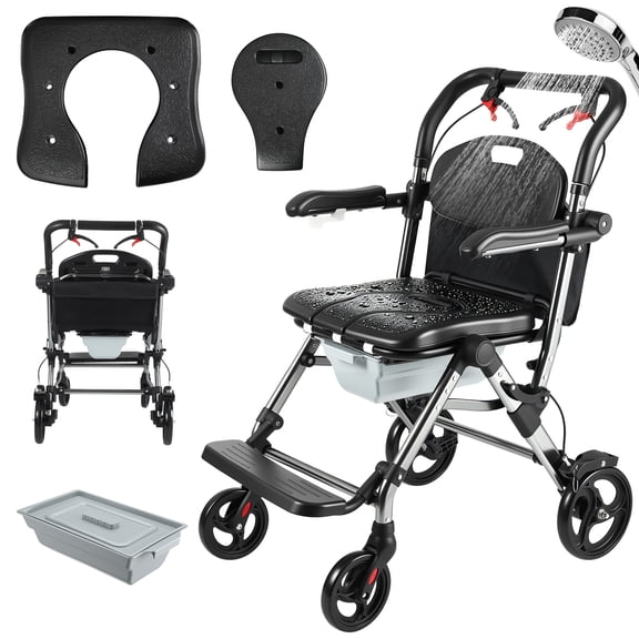 Mobile Shower Chair, 3-in-1 Toilet Commode Wheelchair with Brakes, Foldable Footrest, Adjustable Armrest, Lockable Caster Wheels and Pail 330lb