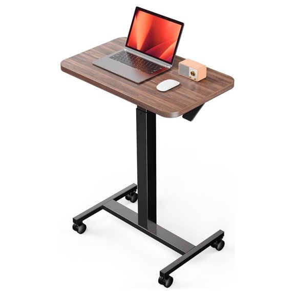 Mobile Small Standing Desk, Enhanced Adjustable Height Computer Workstations, Portable Rolling Laptop Desk with 4 Lockable Wheels for Home Office & Classroom, Deep Walnut