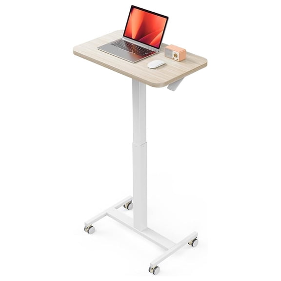 Mobile Small Standing Desk, Enhanced Adjustable Height Computer Workstations, Portable Rolling Laptop Desk with 4 Lockable Wheels for Home Office & Classroom, Light Walnut