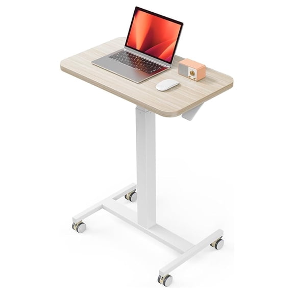 Mobile Small Standing Desk, Enhanced Adjustable Height Computer Workstations, Portable Rolling Laptop Desk with 4 Lockable Wheels for Home Office & Classroom, Light Walnut