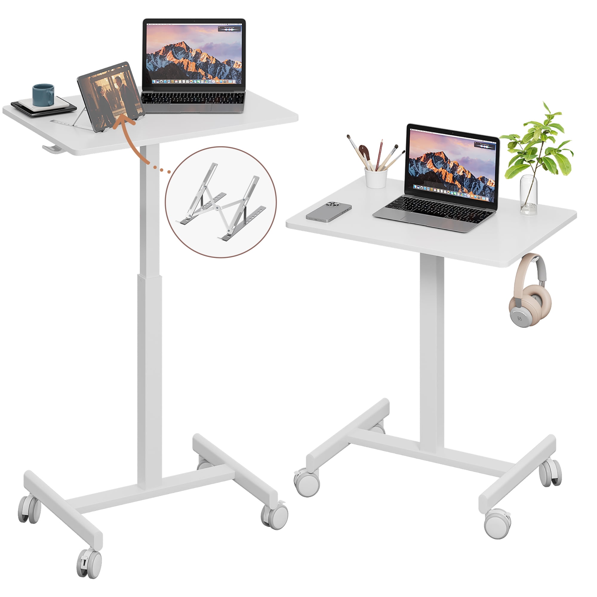 Mobile Small Standing Desk, Gas Spring Adjustable Height Rolling Portable Laptop Desk with Lockable Wheels, Computer Workstation, Rolling Podium