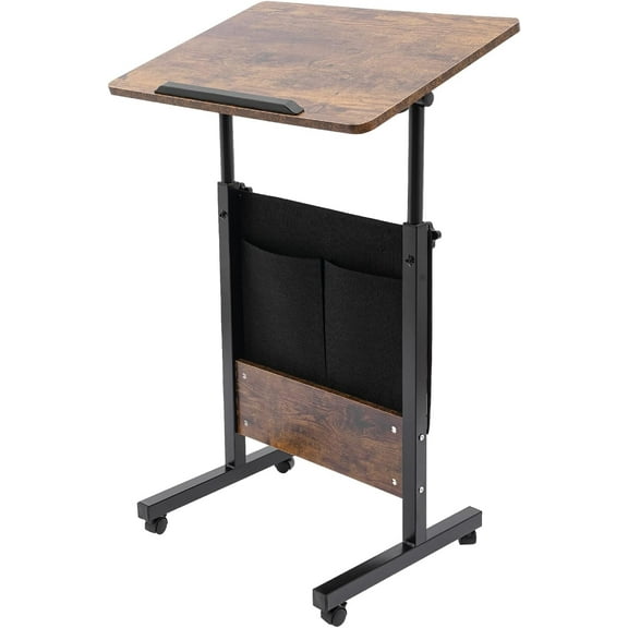 Mobile Small Standing Desk, Height Adjustable Rolling Laptop Desk with Lockable Wheels and Storage Bag, Portable Computer Workstations, Teacher Table Cart, Brown, 24L x 16W x H47in