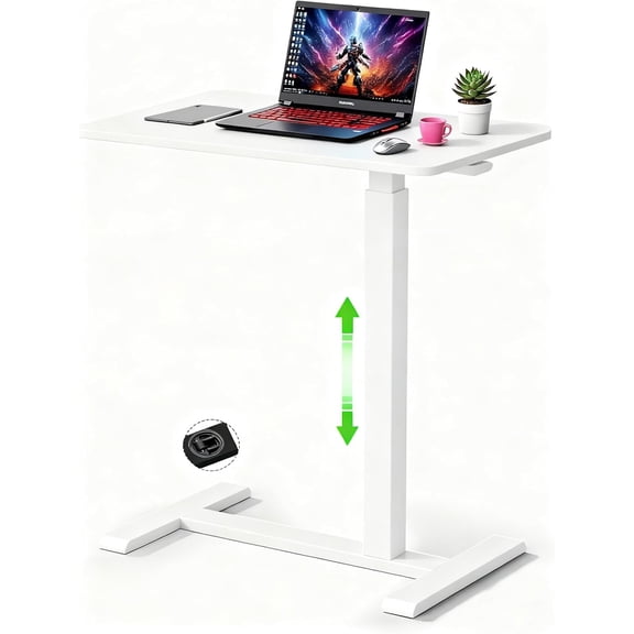 Mobile Small Standing Desk with Hidden Wheels, Pneumatic Laptop Desk, Rolling Computer Cart Movable, Portable Rolling Computer Sit Stand Side Table for Couch, Home, Office, White