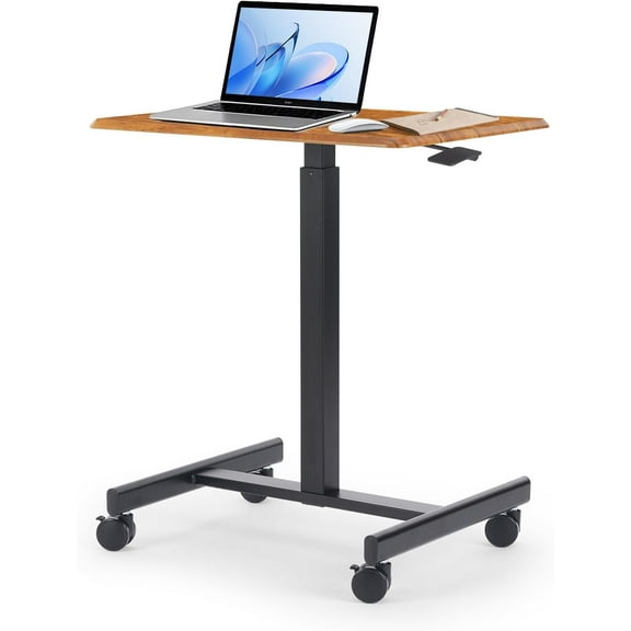 Mobile Small Standing Desk, Portable Sit Stand Rolling Laptop Table with Lockable Wheels, Height Adjustable Computer Workstations for Home Office, Brown