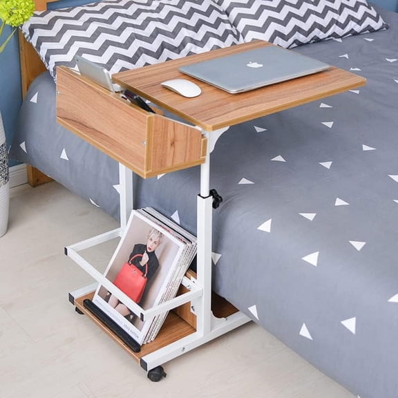Mobile Sofa Side Table,C Shaped End Table with Wheels Couch Table Slide Under with Storage Shelves for Living Room,Bedroom,Hospital
