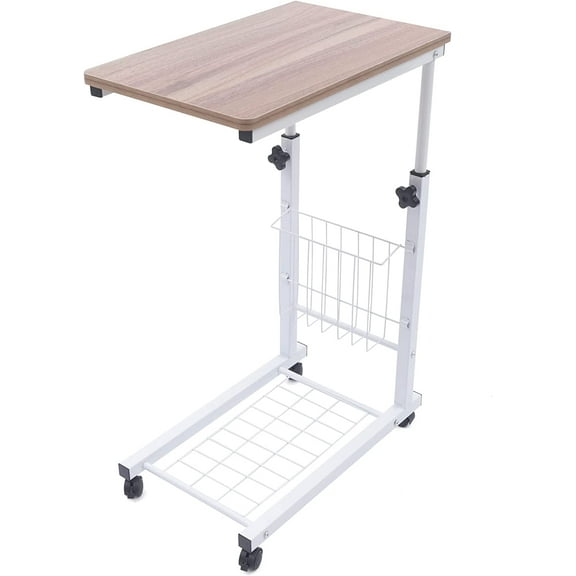 Mobile Sofa Side Table, Height Adjustable Rolling Bedside Table with Side Basket and Bottom Shelf, Notebook Tablet Coffee Tray Portable Snack Table C Shaped End Table for Couch, (Ancient Oak Color)