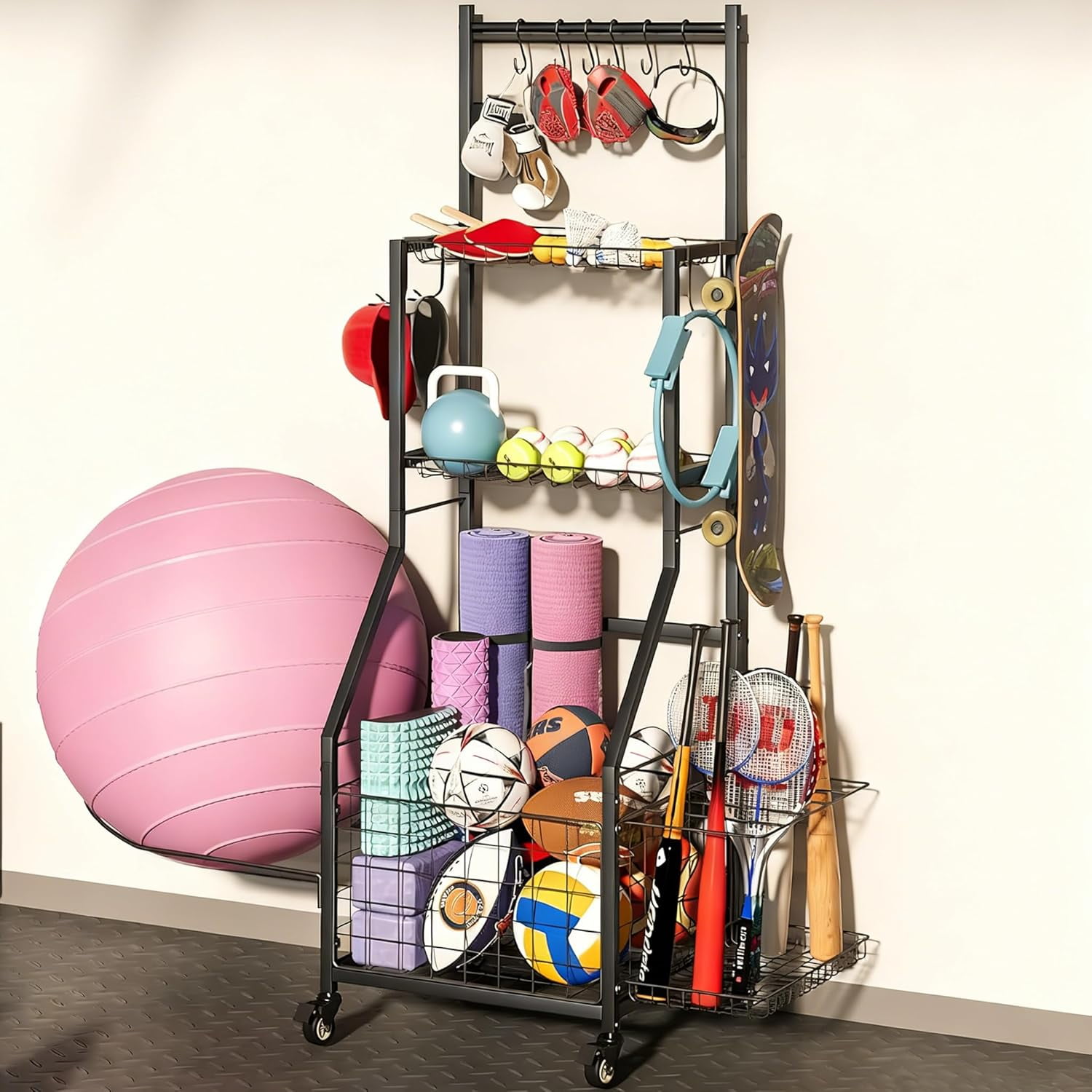 Mobile Rack Locking Mobile Sports Equipment Storage Rack with Locking Wheels & Multi ...