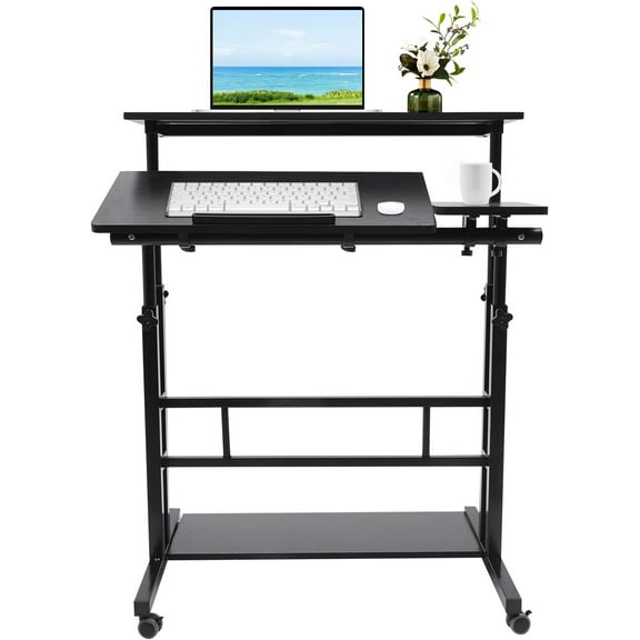 Mobile Stand Up Desk, 4 in 1 Portable Standing Desk 26.3''-45.3'' Adjustable Height Rolling Computer Workstation with Lockable Wheels for Home Office Classroom (Black)