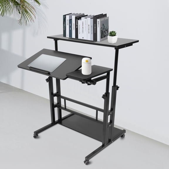 Mobile Stand Up Desk, Adjustable Laptop Desk with Wheels Storage Desk Home Office Workstation, Rolling Table Laptop Cart for Standing or Sitting, Black