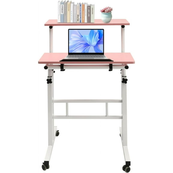 Mobile Stand Up Desk Adjustable Laptop Desk with Wheels Storage Rolling Table Cart for Standing or Sitting