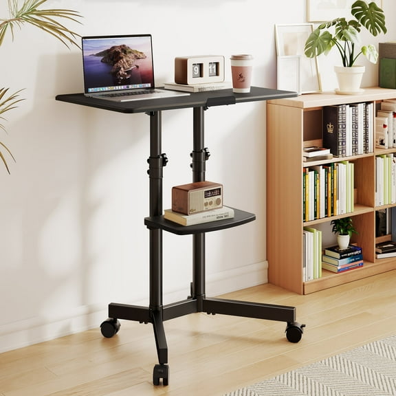 TAVR Furniture Mobile Stand up Desk Cart, Height Adjustable Computer Table Workstation with Shelf, Rolling Presentation Cart, Black