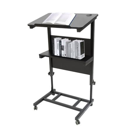 Mobile Stand Up Lectern Podium with Wheels, Portable Standing Desk, Height Adjustable Church Pulpit or Ceremony, Classroom Lecture Speech Teach Platform, Walnut Tabletop and Black Steel Frame