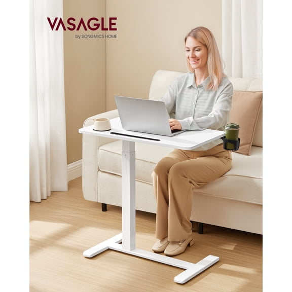 Mobile Standing Desk, 27.6 Inch Adjustable Height Table with 2 Cup Holders & Tablet Slot, Rolling Computer Desk for Bedroom Living Room, Cloud White