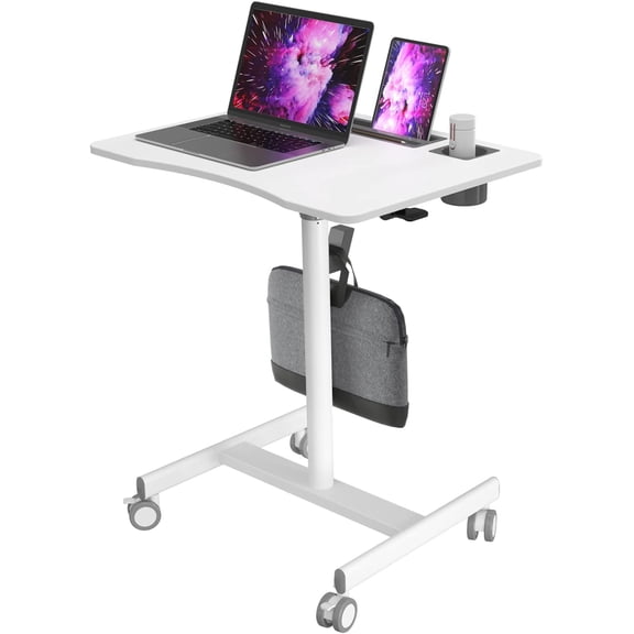Mobile Standing Desk, 28 inch Rolling Standing Laptop Desk with Cup Holder, Mobile Desk Workstation with Wheels, Portable Computer Desk Cart with Hook for Office, White