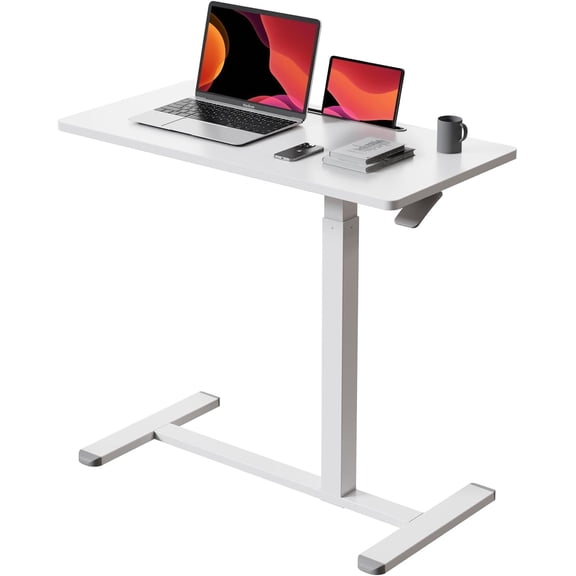 Mobile Standing Desk, 32Inch Pneumatic Adjustable Rolling Desk, Portable Laptop Desk with Wheels, Overbed Bedside Table Laptop Table for Couch, , Office, White