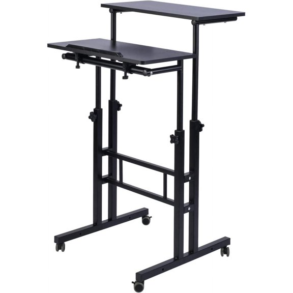 Mobile Standing Desk, Adjustable Computer Desk Rolling Laptop Cart on Wheels Home Office Computer Workstation, Portable Laptop Stand for Small Spaces Tall Table for Standing or Sitting, Black