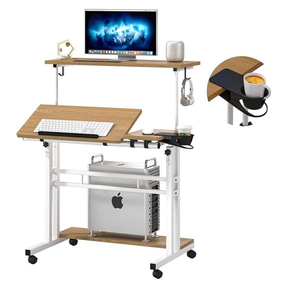 Mobile Standing Desk, Adjustable Rolling Computer Desk with 3 Desktops, Laptop Table with Cup Holder, Portable Home Office Workstation