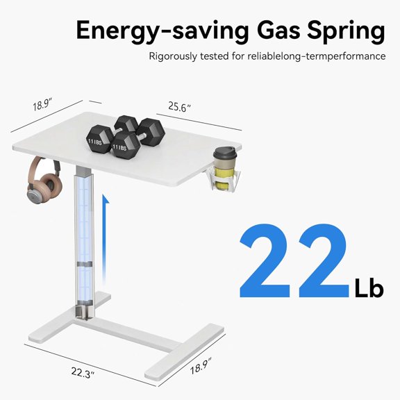 Mobile Standing Desk C-Shaped Pneumatic Height Adjustable Side Table for Home Office Computer Workstation White