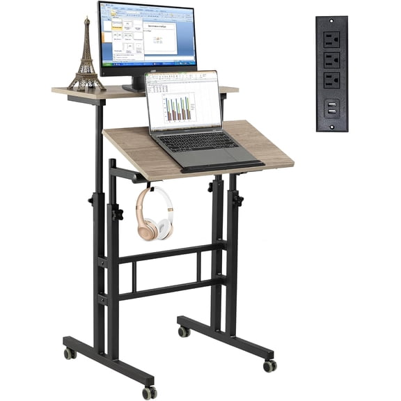 Mobile Standing Desk with Charging Station, Adjustable Standing Computer Desk, Standing Adjustable Laptop Cart with Wheels for Home Office Classroom Light Grey