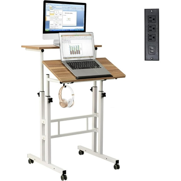 Mobile Standing Desk with Charging Station, Adjustable Standing Computer Desk, Standing Adjustable Laptop Cart with Wheels for Home Office Classroom Vintage Oak