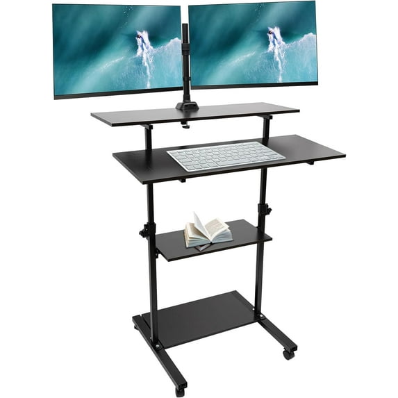 Mobile Standing Desk with Dual Monitor Stand, 54.5-72.25" Height Adjustable Laptop Desk Computer Workstation on Wheels, Standing & Sitting 2 Modes, Stand Up Desk for Home Office