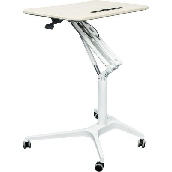 Mobile Standing Desk Height Adjustable Pneumatic Rolling Sit Stand Desk Small Laptop Desk Cart Riser Mobile Podium for Home Office & School (White)