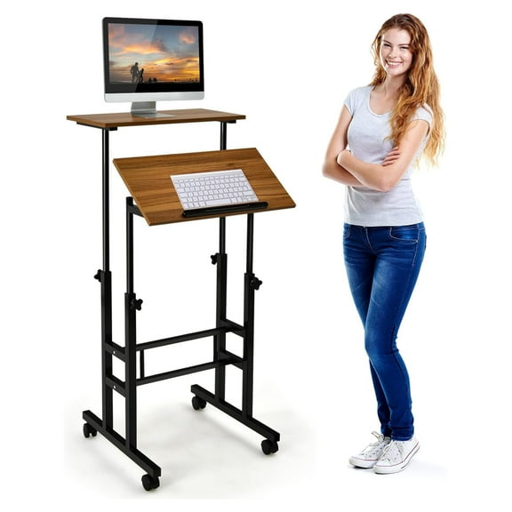 Mobile Standing Desk, Height Adjustable Rolling Laptop Cart w/Tilting Desktop for Standing or Sitting, Lockable Casters, Home Office Computer Workstation for Small Spaces (Brown)
