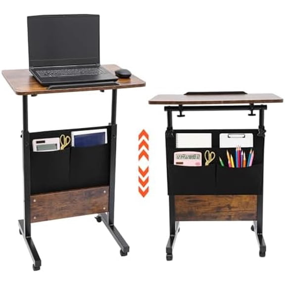 Mobile Standing Desk, Height Adjustable Rolling Laptop Desk with Lockable Wheels and Storage Bag, Portable Computer Workstations, Teacher Table Cart, Brown, 24L x 16W x H47in$$Office