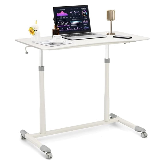 Mobile Standing Desk - Height Adjustable Rolling Laptop Table, Compact Sit to Stand Desk with Lockable Casters, Ergonomic Computer Desk for Home Office - White