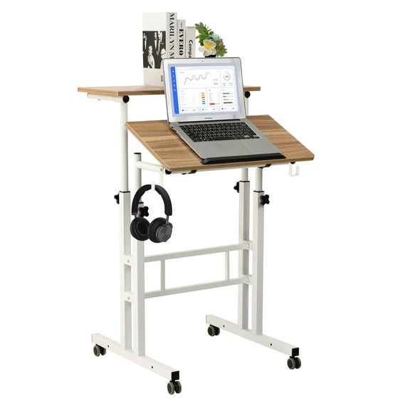 longtingus Mobile Standing Desk Height Adjustable Portable Laptop Desk, Vintage Oak