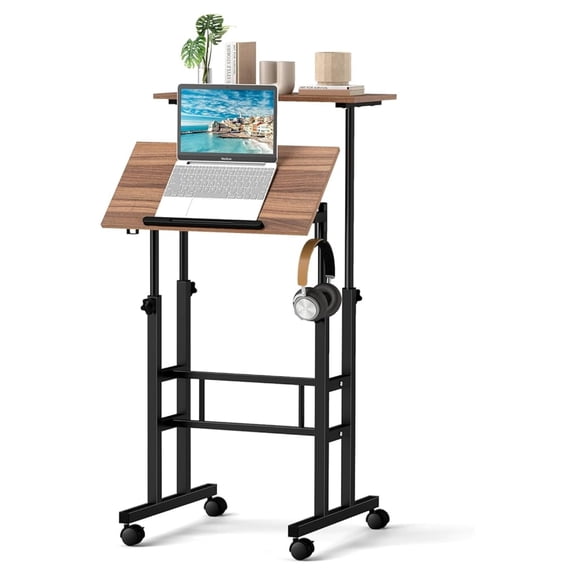 Mobile Standing Desk, Height Adjustable Stand Up Computer Workstation, 2 Split Tops, Tiltable Desktop, Rolling Podium Stand, Portable Laptop Cart with Wheels for Home Office, Black + Brown