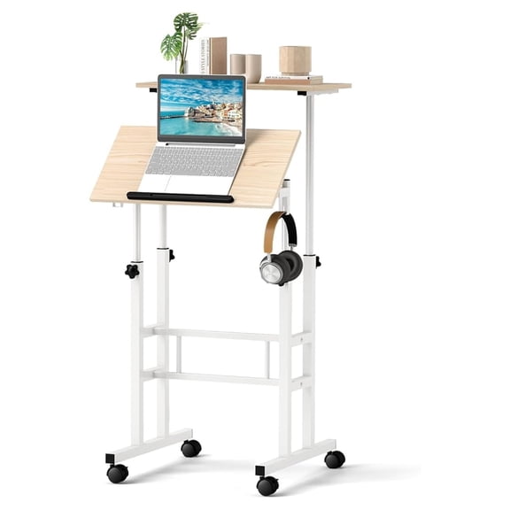 Mobile Standing Desk, Height Adjustable Workstation, Rolling Podium, Split Top, Tiltable, Laptop Cart, White + Natural, 24 x 12 x 49"