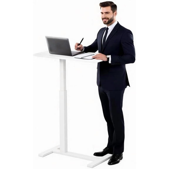 Mobile Standing Desk with Hidden Wheels,Adjustable Pneumatic Standing Laptop Desk,Rolling Teacher Overbed Bedside Table for Home,Office,Classroom,White