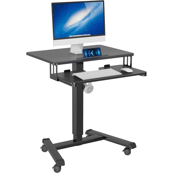 Mobile Standing Desk With Keyboard Tray, Adjustable Height Rolling Laptop Stand, Sit Stand Computer Workstation Cart On Wheels For Office Living Room Classroom, White