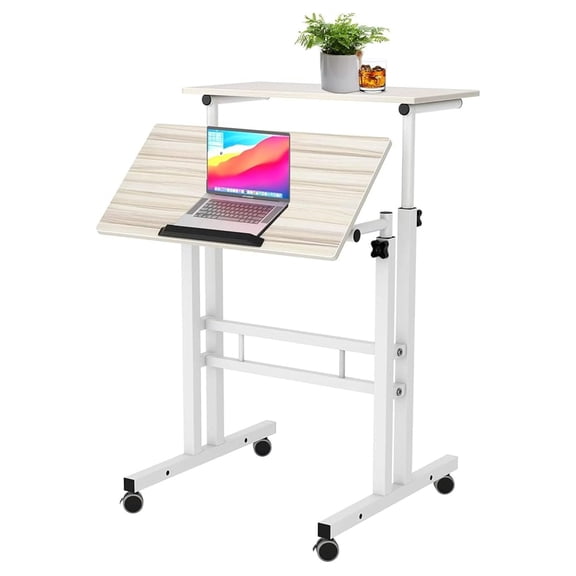 Mobile Standing Desk Laptop Workstation on Wheels, Adjustable Computer Desk for Standing or Sitting, Maple 101-MP