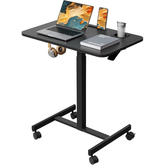 Mobile Standing Desk, Movable Laptop Space-Saving Rack Cart Adjustable Height featuring Cup Holder, 28 inch Portable Table featuring 4 Lockable Wheels, Black Computer Workstation featuring Hook and
