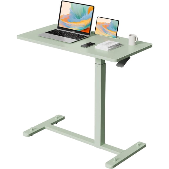 Mobile Standing Desk, Pneumatic Adjustable Rolling Desk(31.5 Inches), Portable Laptop Desk with Wheels, Overbed Bedside Table Laptop Table for Couch, Home, Office, White