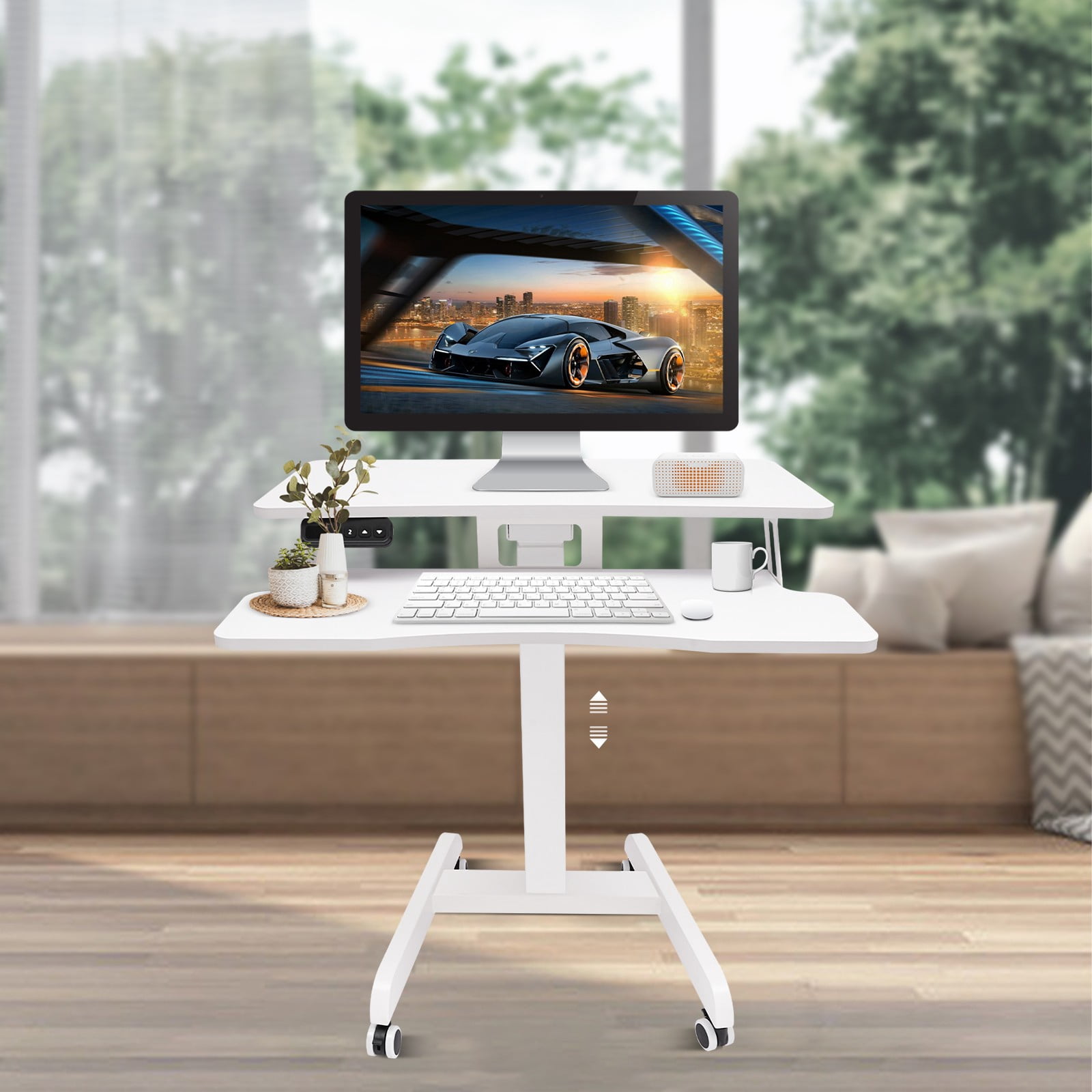 Mobile Standing Desk, Portable Rolling Desk with Lockable Wheels, Non-Slip Mat, Standing Lifting Desk, Rolling Desk with Adjustable Height, 31-51in(White 31.5*15.7in)