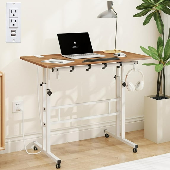 Mobile Standing Desk, Portable Stand Up, Small Adjustable Converter with Wheels Home Office Workstation, Rolling Desk Laptop Cart for Standing or Sitting