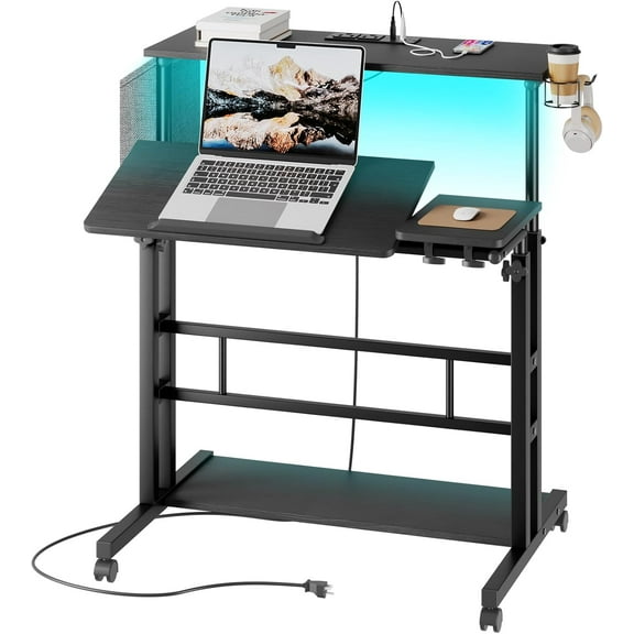 Mobile Standing Desk with Power Outlets & Strip Lights, Rolling Computer Desk with Cup Holder, Hook, Storage Bag, Adjustable Height Laptop Desk with Wheels, Small Standing Desk Drawing Desk