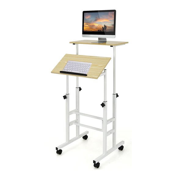 Mobile Standing Desk, Sturdy Laptop Desk Cart with Adjustable Height, Morden Computer Workstation w/Tilting Desktop, Lockable Casters for Office, Home and School(Natural)