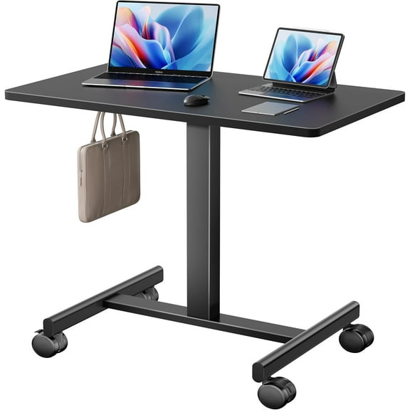 Mobile Standing Desk, Small Teacher Standing Rolling Desk, Portable Laptop Desk with Lockable Wheels, Computer Workstations, Adjustable Height, Black