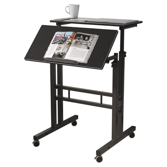 Mobile Standing Desk Stand Up Desk Rolling Desk, Stand Sit Desk Mobile Computer Desk Adjustable Standing Desk 23.6inches Table Workstation Mobile Desk Cart Tray Black