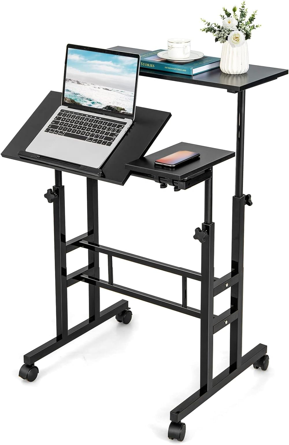 Mobile Standing Desk Stand Up Desk Height Adjustable Home Office Desk with Standing & Seating 2