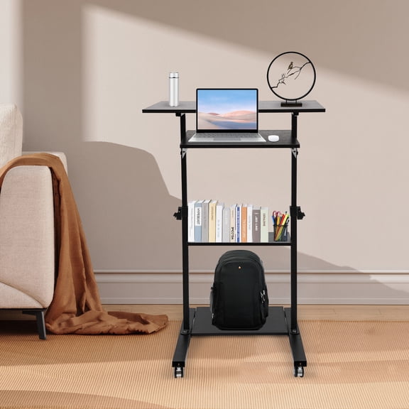 Mobile Standing Desk, Stand Up Work Station, Stand Up Desk CartAdjustable Table Height Black With 4 Countertops